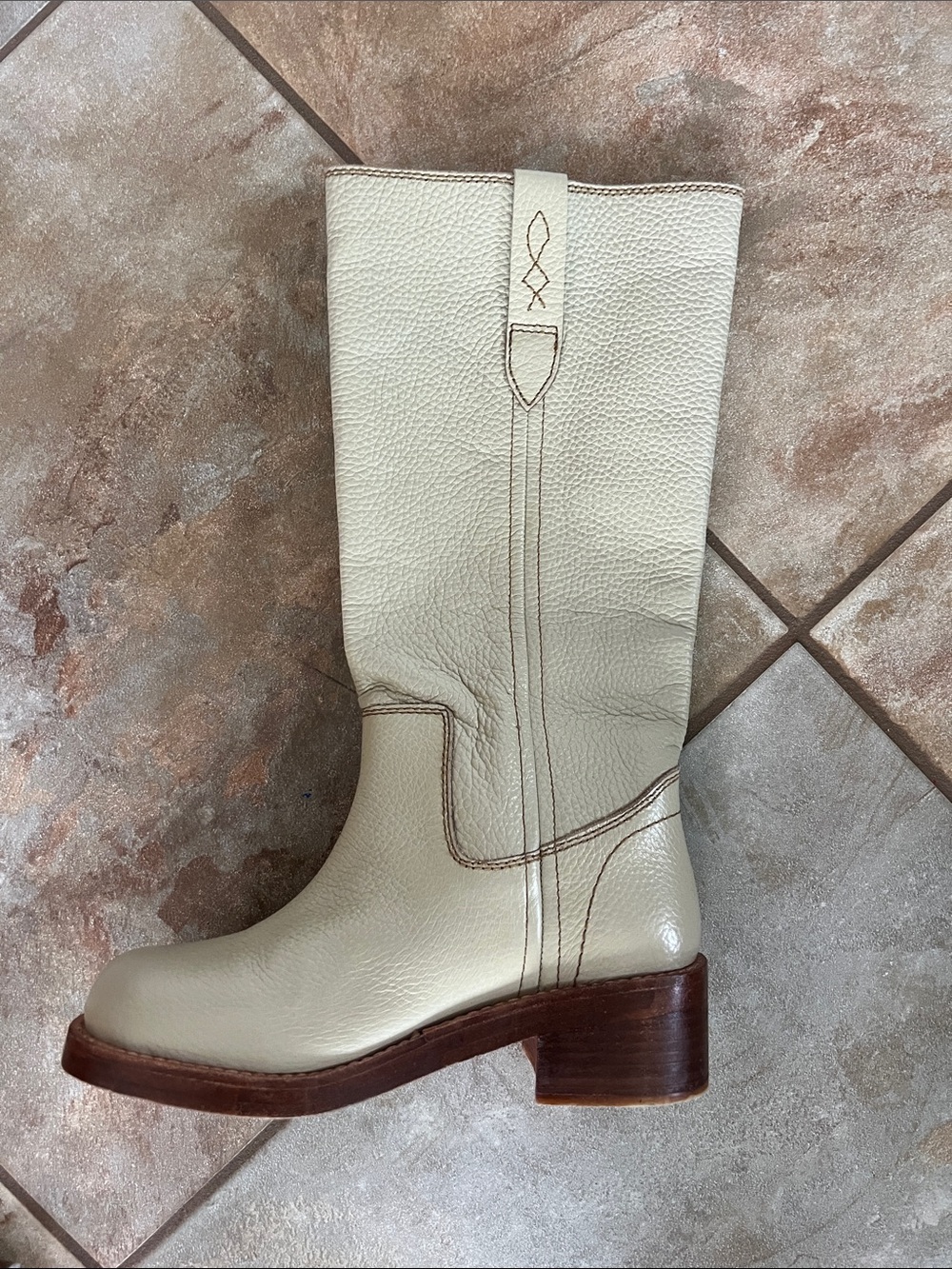 Free People Cream Leather Mid-Calf Heeled Boot